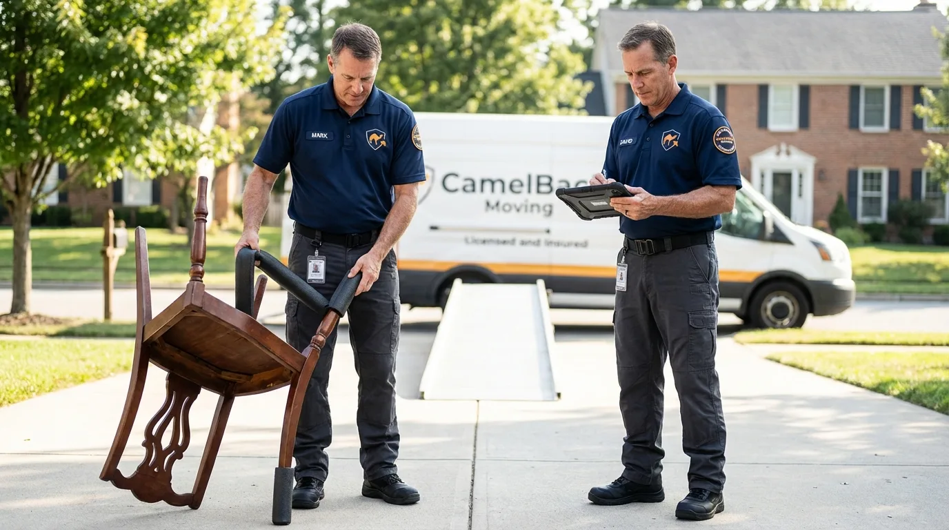 Movers inspecting furniture for damage prevention before loading in Richboro, PA